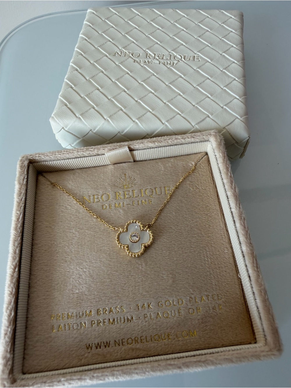 Gold Clover Pendant Necklace with White Opal Inlay